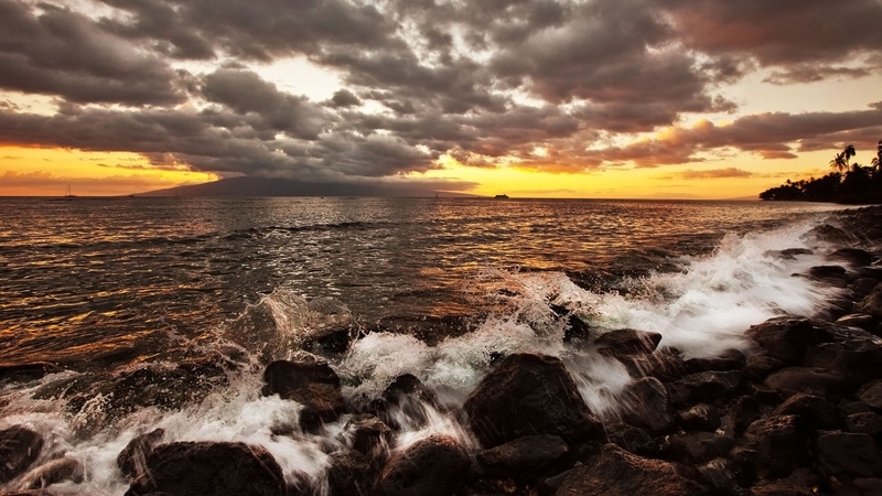 rock, beautiful, sunset, clouds, sea, picture, beach, stones, splendor, beauty, sunrise, lovely, view, ocean, colors, waves, ocean waves, sky, peaceful, nature
