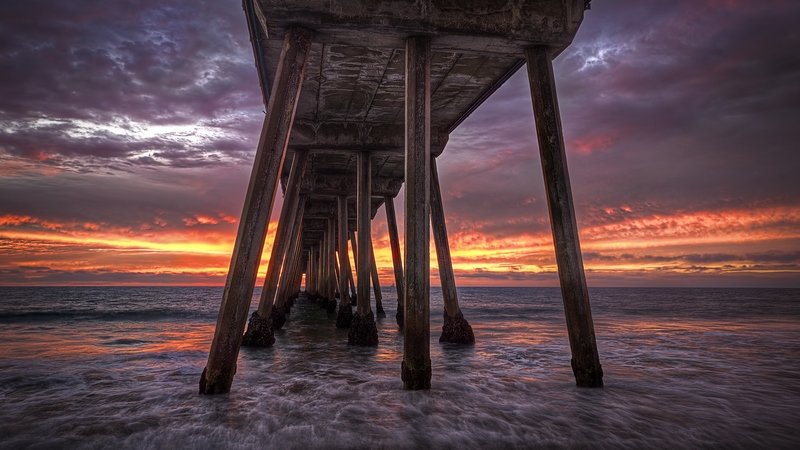 ocean, colors, sunset, waves, sky, clouds, sea, beach, sand, bridge, nature
