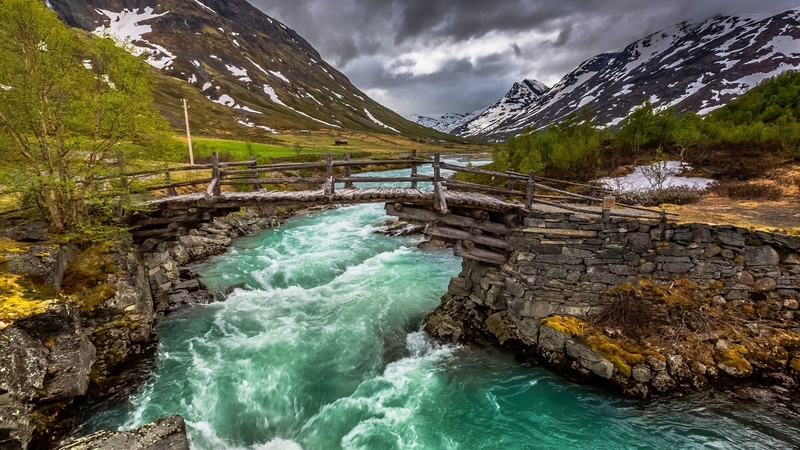 water, bridge, river, landscape, mountain range