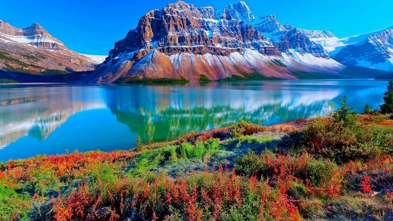 sunny morning, grass, beautiful, lake, mountain, calm water, blue sky, reflection, snowy peaks