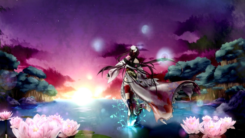 female, rose, tattoo, cool, walking on water, japan clothes, flowers, tress, anime girl, sunshine, wow, night