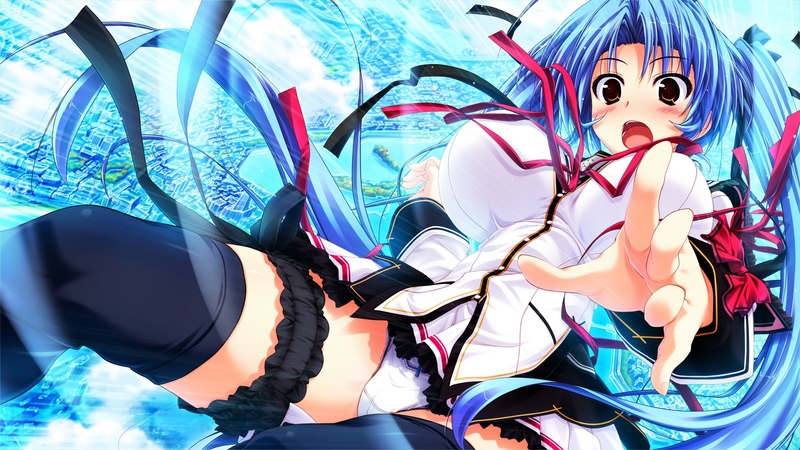 anime girl, blue hair, brown eyes, blush