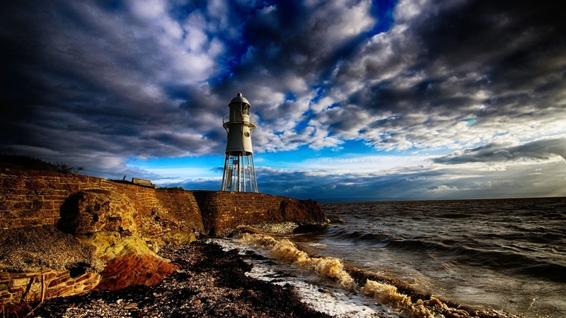 metal, stone, hdr, sky, wall, coast, lighthouse, sea