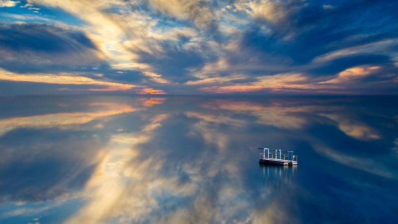 pontoon, float, sea, horizon, sunset, 4k