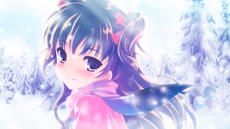 cute, girl, snow, anime, eyes, blue, winter