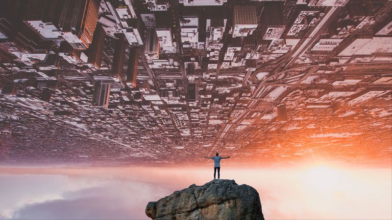 man, rock, city, surrealism, 4k