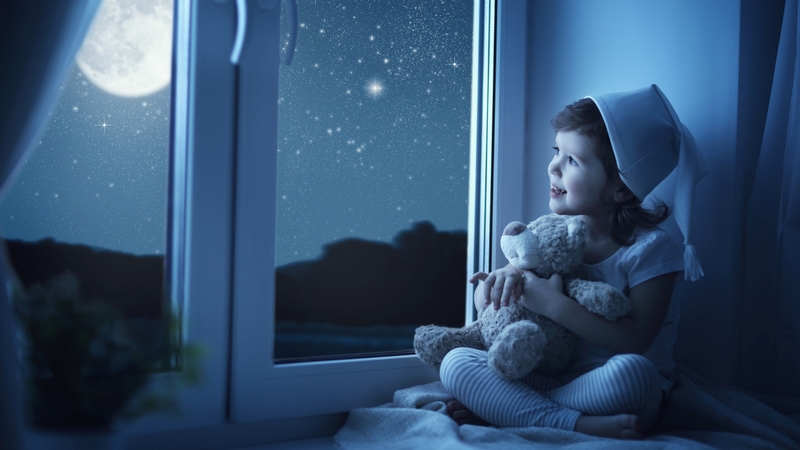 little, window, luna, teddy, toy, bear, moon, copil, child, white, blue, night