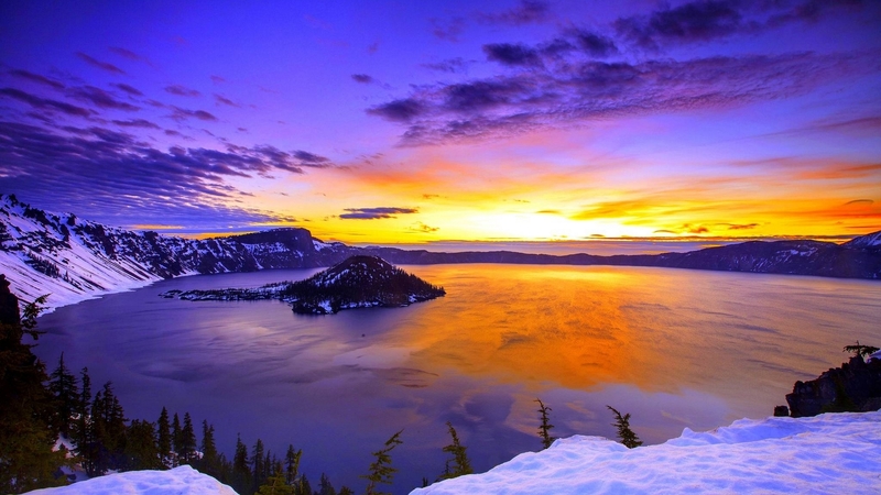 mountain, snow, nature, sunset, reflection, clouds, lake, winter