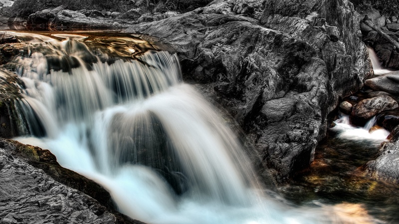 mountain, stream, rocks, waterfall, nature