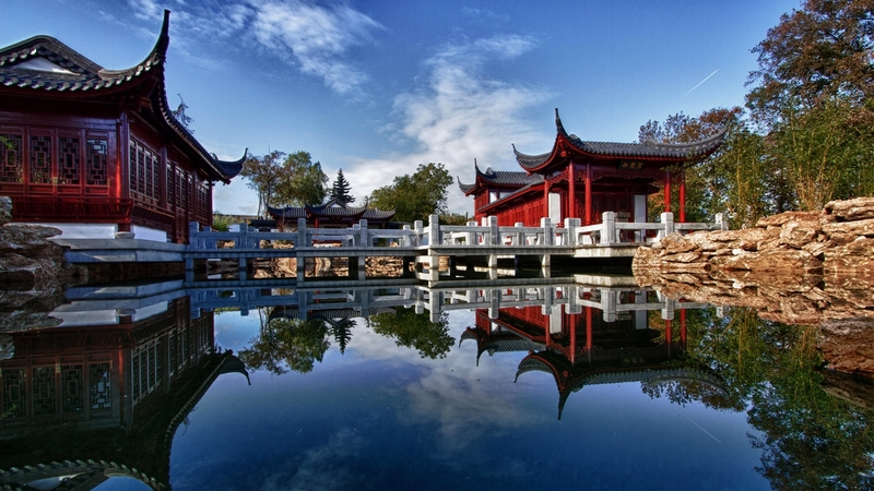 pond, trees, bridge, roof, house, wall