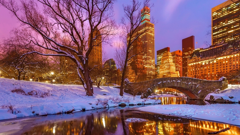 beautiful, sunset, lights, winter, greetings, city, snow, bridge, season, reflection