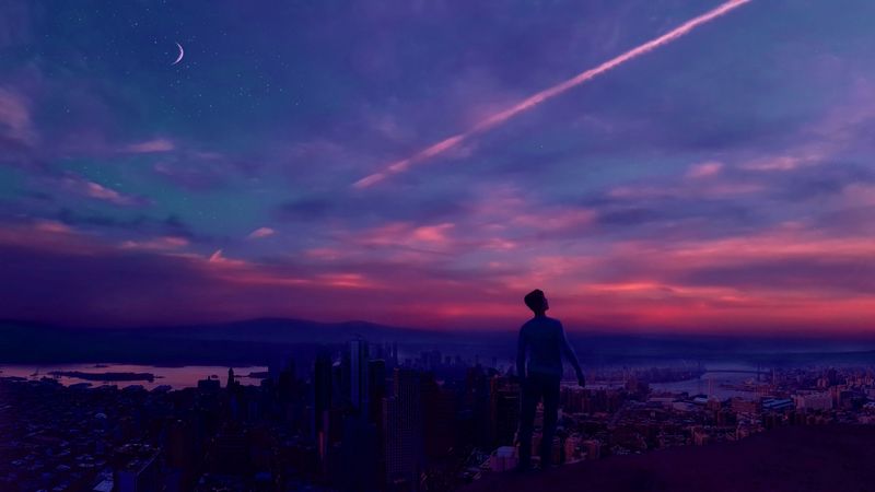 man, roof, sunset, view, height, sky, loneliness, 4k
