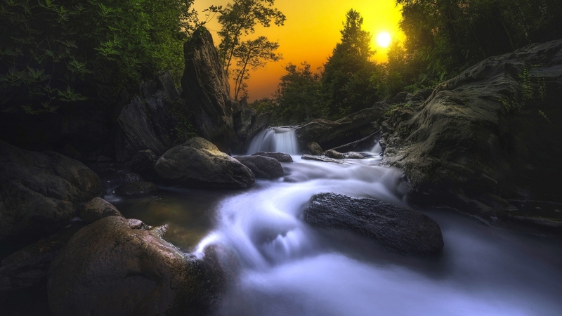 corsica, rocks, sun, france, sunset, trees, waterfalls, river fium alto, stones, cascades, water, river