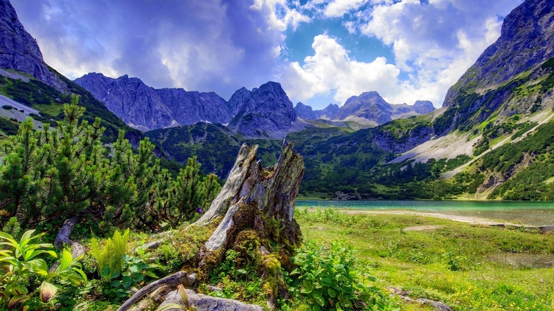 hills, rocks, grass, beautiful, sky, mountain, cliffs, river, scene, landscape