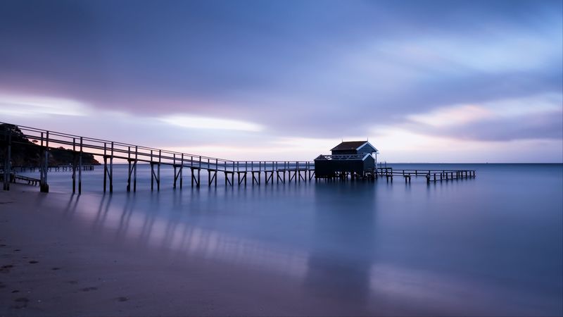 pier, bridge, sea, sky, horizon, 4k