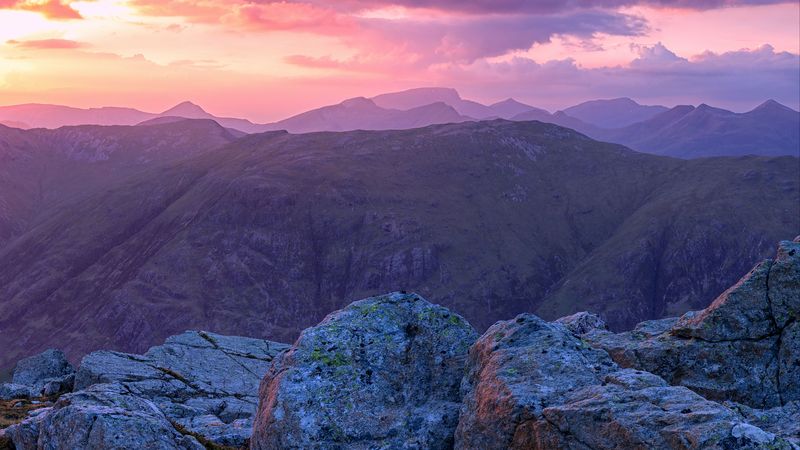 mountains, stones, sunset, sky, scotland, 4k