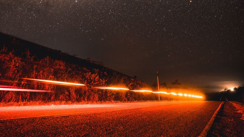 road, starry sky, night, direction, 4k