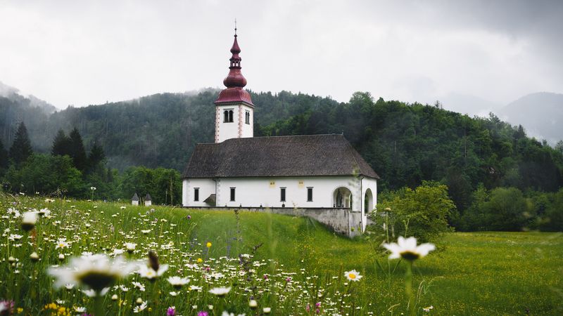 temple, field, flowers, grass, slovenia, 4k