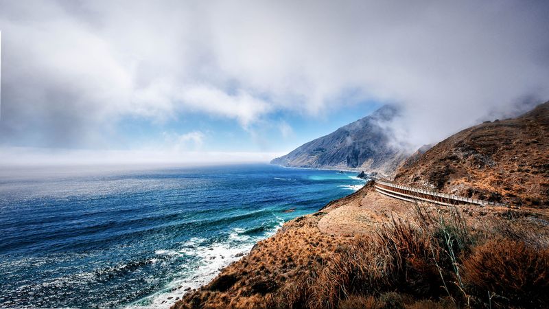 mountains, ocean, fog, coast, california, bay, 4k