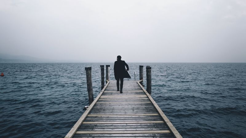 pier, man, sea, loneliness, horizon, 4k