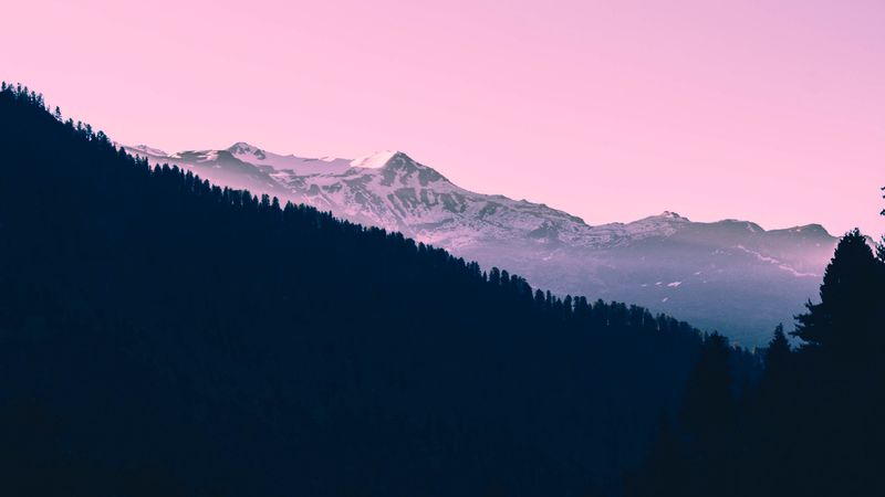 mountains, sunset, trees, sky, pink, 4k