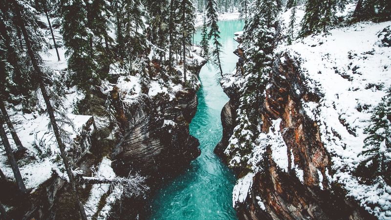 waterfall, cliff, canyon, athabasca, canada, 4k