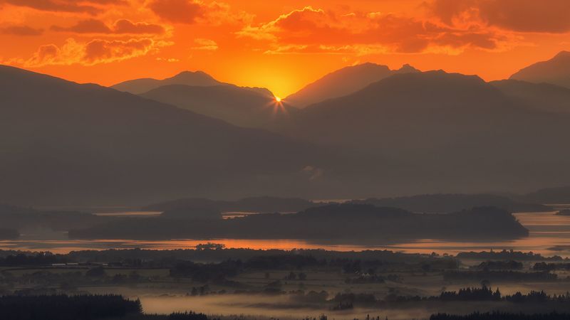 mountains, sunset, fog, scotland, 4k