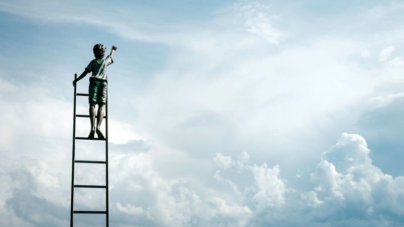 sculpture, boy, ladder, clouds, sky, 4k