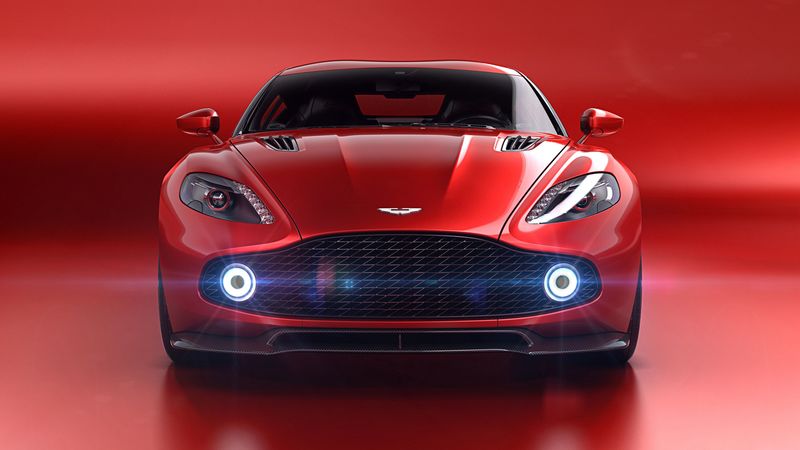 aston martin vanquish zagato volante, aston martin, red, front view, supercar, lights, 4k