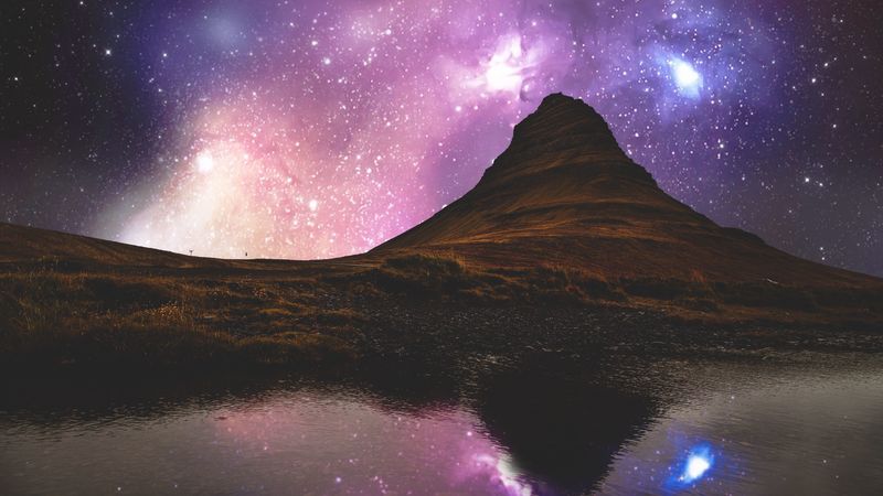 hill, river, reflection, starry sky, iceland, 4k