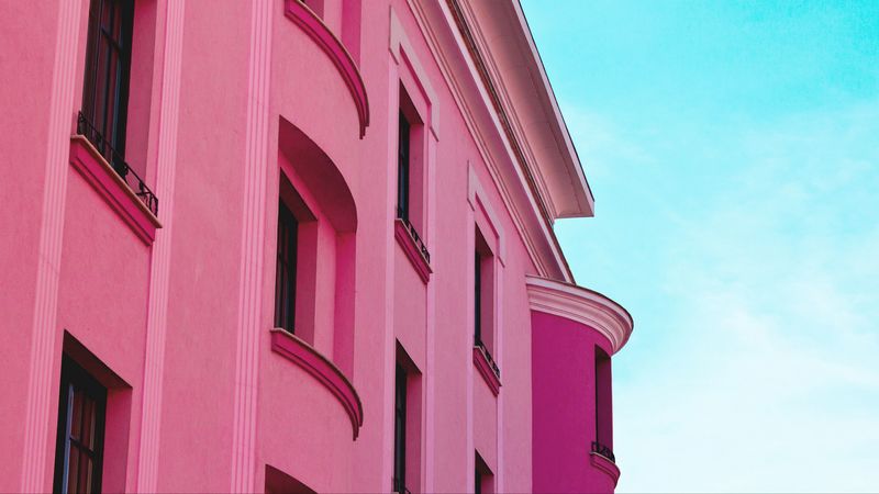 building, facade, sky, minimalism, pink, architecture, 4k