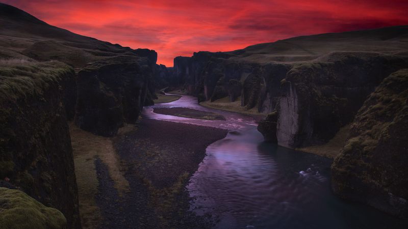 canyon, river, night, fjadrargljufur, iceland, 4k
