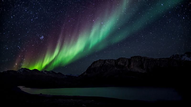 northern lights, starry sky, mountains, lake, night, 4k