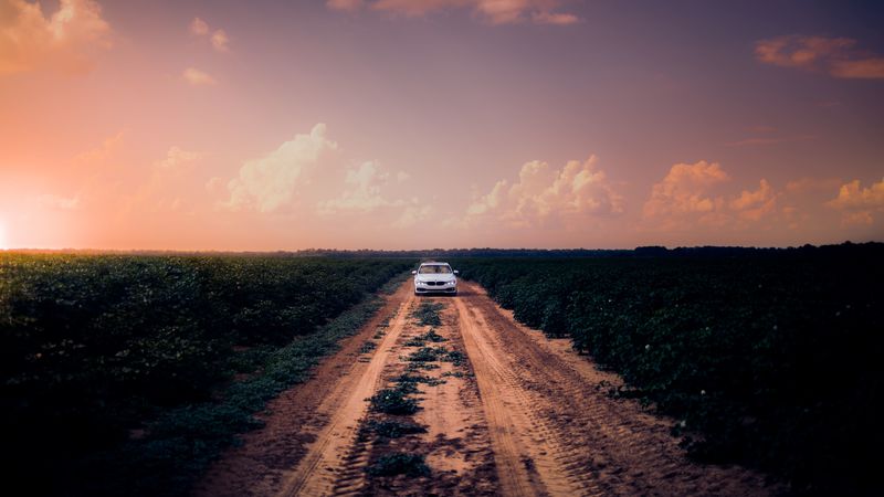 car, road, field, sky, 4k