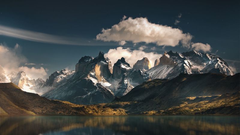 mountains, lake, national park, reflection, torres del paine, chile, 4k