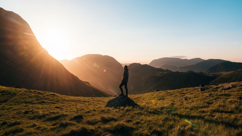 man, mountains, hill, sunlight, 4k
