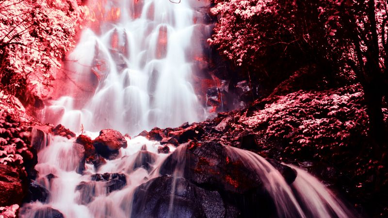 waterfall, photoshop, stones, current, red, 4k