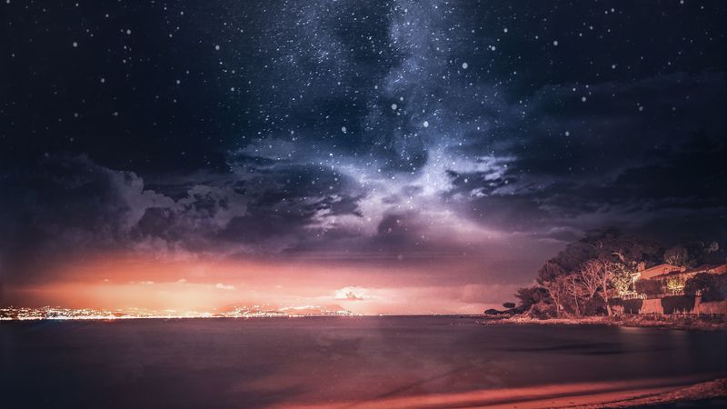 sea, sunset, starry sky, horizon, france, 4k