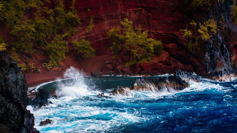 ocean, surf, rocks, trees, hawaii, 4k