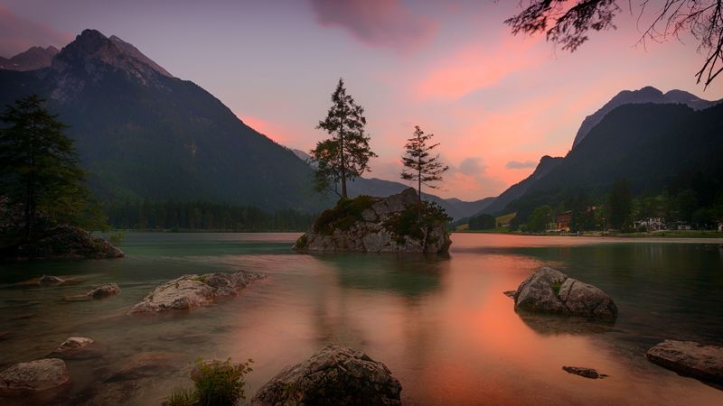 lake, rocks, trees, mountains, ramsau bei berchtesgaden, germany, 4k