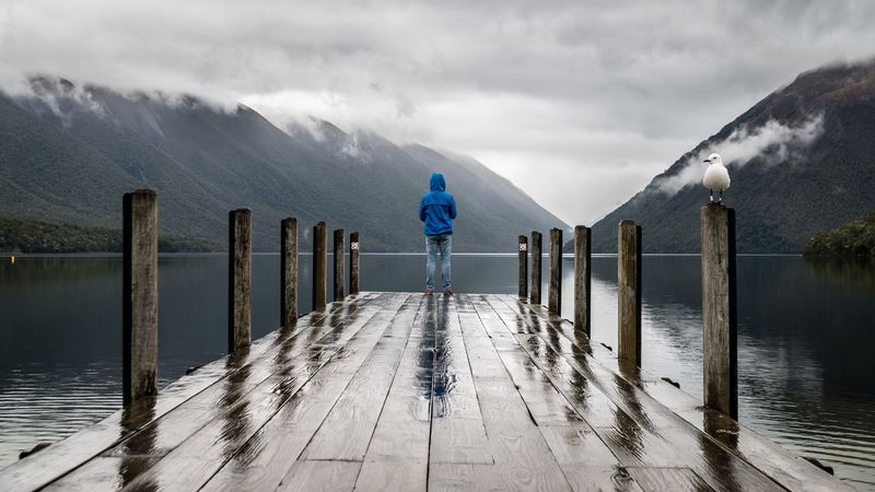pier, man, mountains, alone, solitude, 4k
