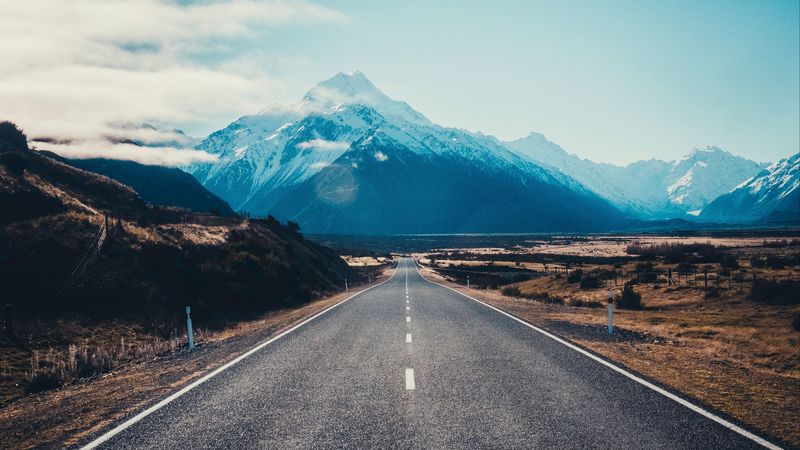 road, asphalt, mountains, marking, mount cook, new zealand, 4k
