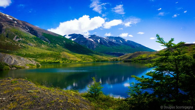 mountains, lake, grass, sky, summer, torres del paine, chile, patagonia, 4k