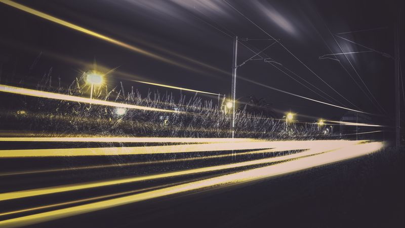 railway, train, light, traffic, night, 4k