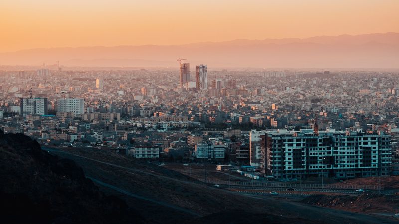 city, buildings, sunset, mashhad, iran, 4k