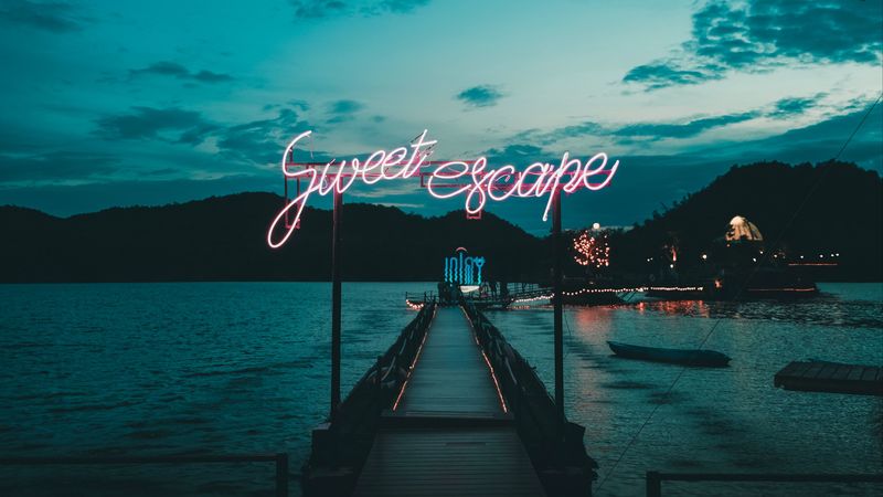 sea, inscription, signboard, pier, 4k