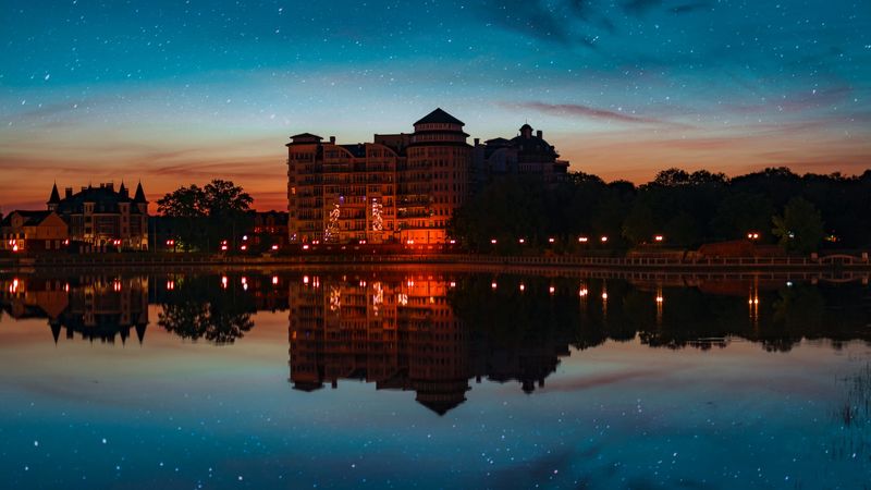 building, starry sky, architecture, sunset, reflection, 4k
