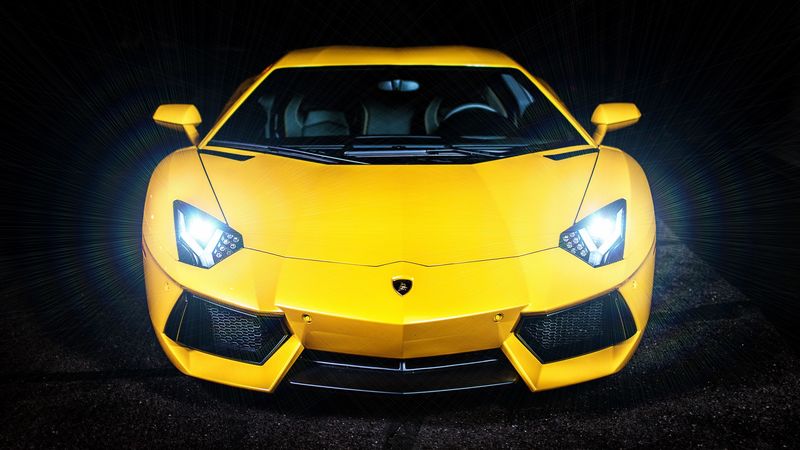 lamborghini, yellow, sports car, headlight, front view, 4k