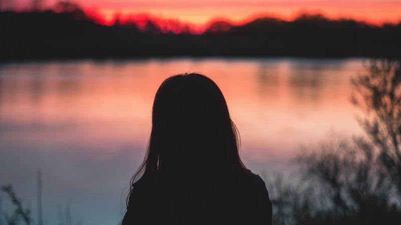 silhouette, sunset, river, horizon, sky, 4k