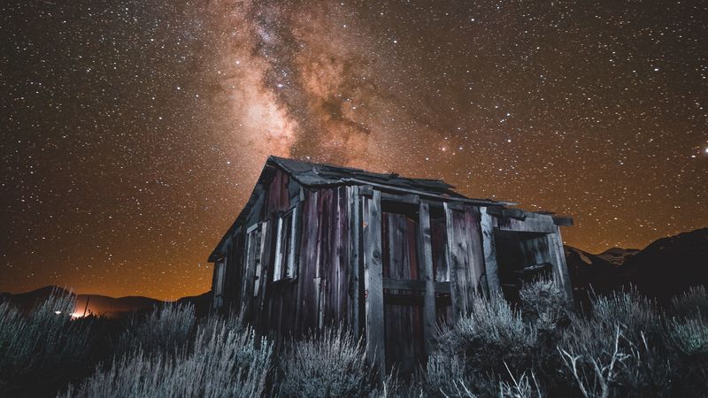 starry sky, milky way, building, night, june lake, united states, 4k